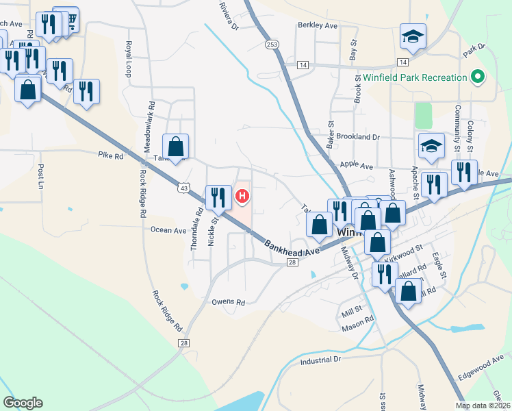map of restaurants, bars, coffee shops, grocery stores, and more near 186 Medical Drive in Winfield