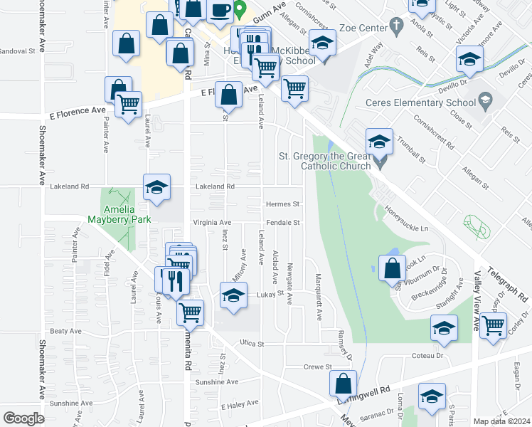 map of restaurants, bars, coffee shops, grocery stores, and more near 11116 Leland Avenue in Whittier