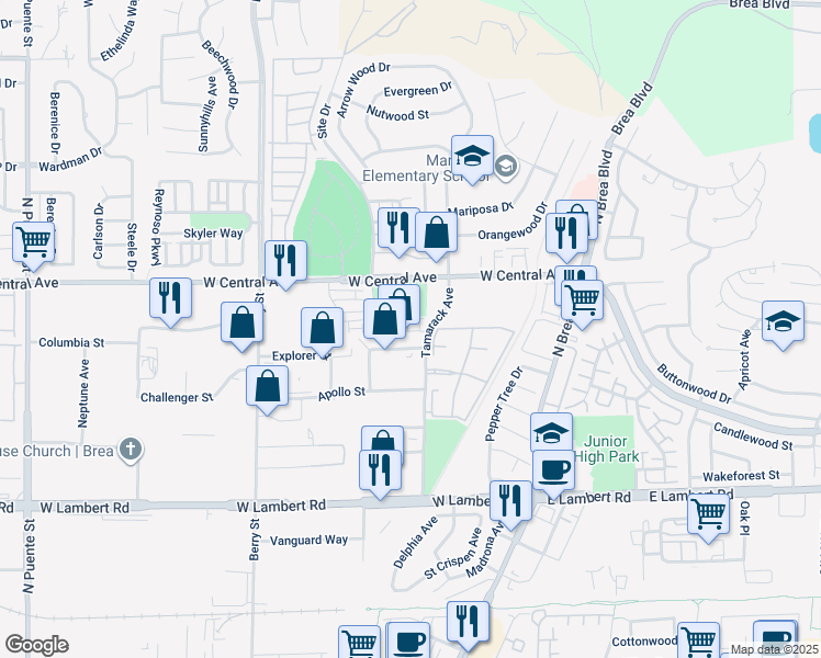 map of restaurants, bars, coffee shops, grocery stores, and more near 714 Brooklyn Drive in Brea