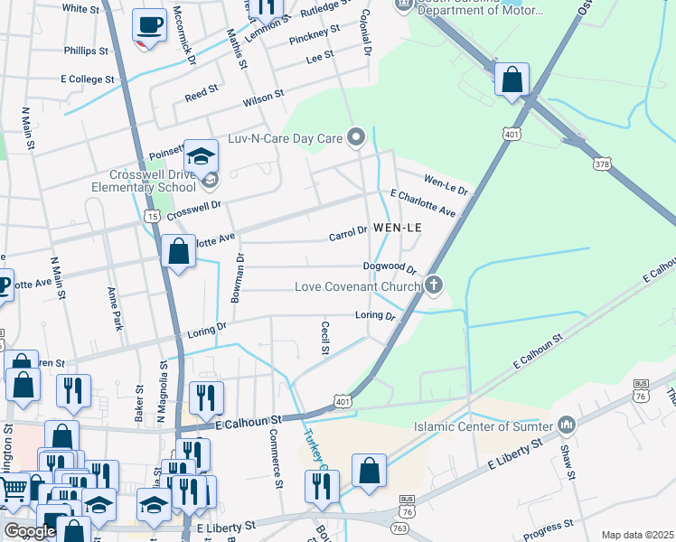 map of restaurants, bars, coffee shops, grocery stores, and more near 456 Dogwood Drive in Sumter
