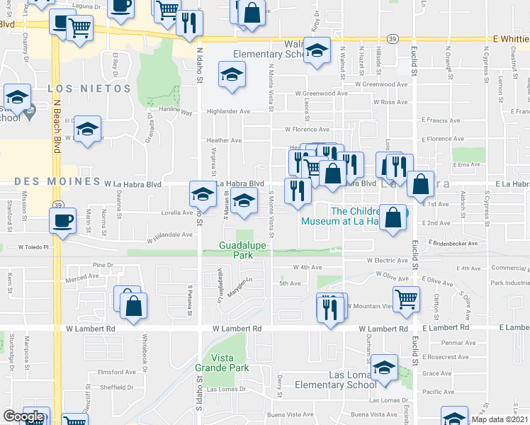 map of restaurants, bars, coffee shops, grocery stores, and more near 255 South Monte Vista Street in La Habra