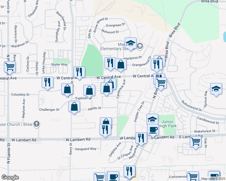map of restaurants, bars, coffee shops, grocery stores, and more near 715 Brooklyn Drive in Brea