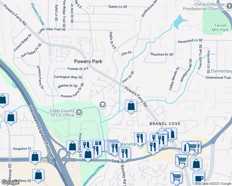 map of restaurants, bars, coffee shops, grocery stores, and more near 2638 Stoney Creek Road in Marietta