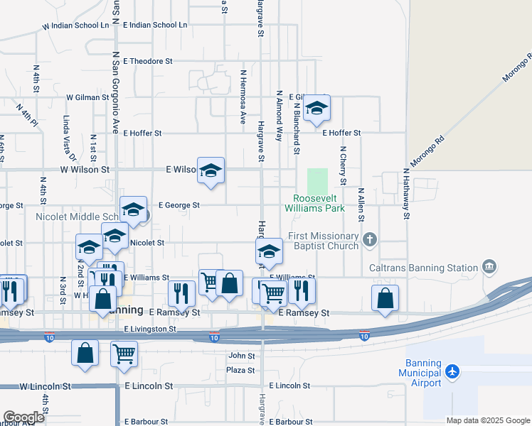 map of restaurants, bars, coffee shops, grocery stores, and more near 552 North Hargrave Street in Banning