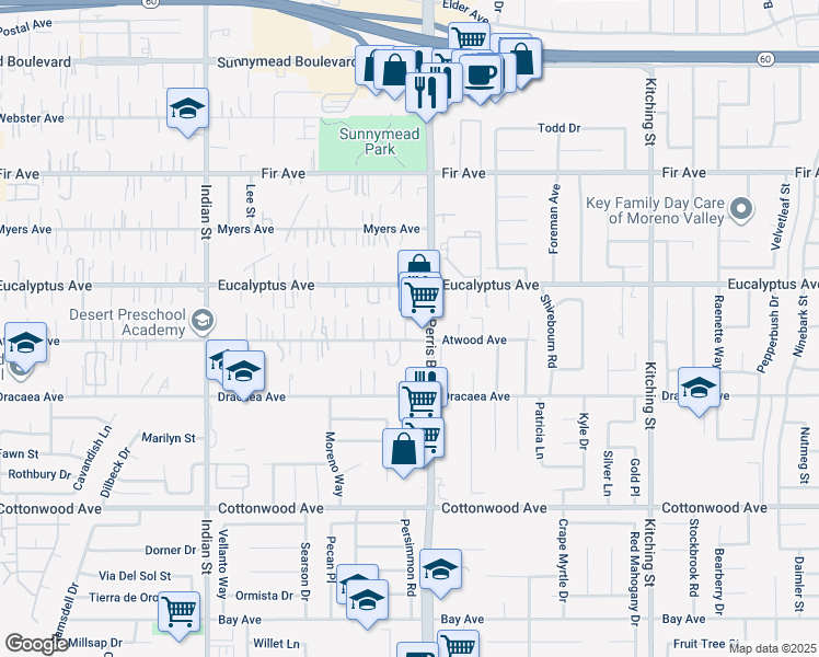map of restaurants, bars, coffee shops, grocery stores, and more near 110 Atwood Avenue in Moreno Valley