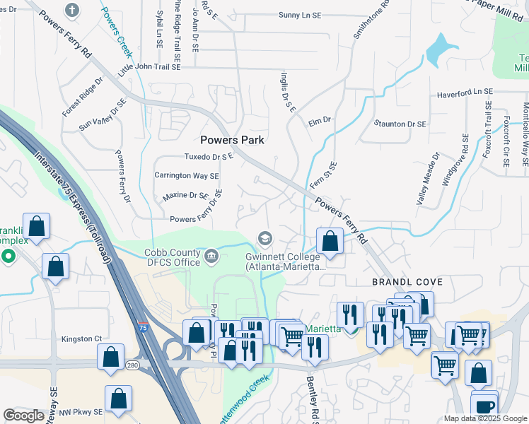 map of restaurants, bars, coffee shops, grocery stores, and more near 2244 Runnymead Ridge Southeast in Marietta