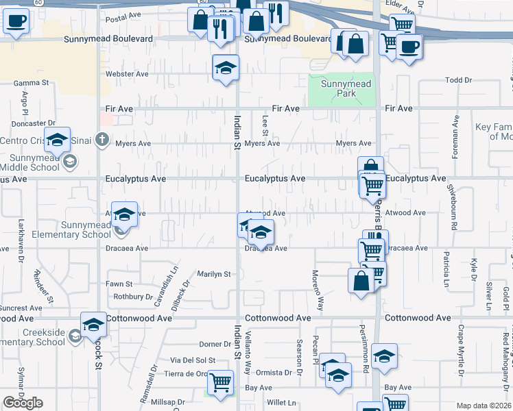 map of restaurants, bars, coffee shops, grocery stores, and more near 24560 Atwood Avenue in Moreno Valley