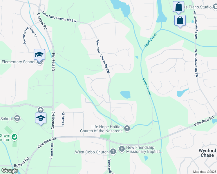 map of restaurants, bars, coffee shops, grocery stores, and more near Friendship Church Road Southwest in Cobb County