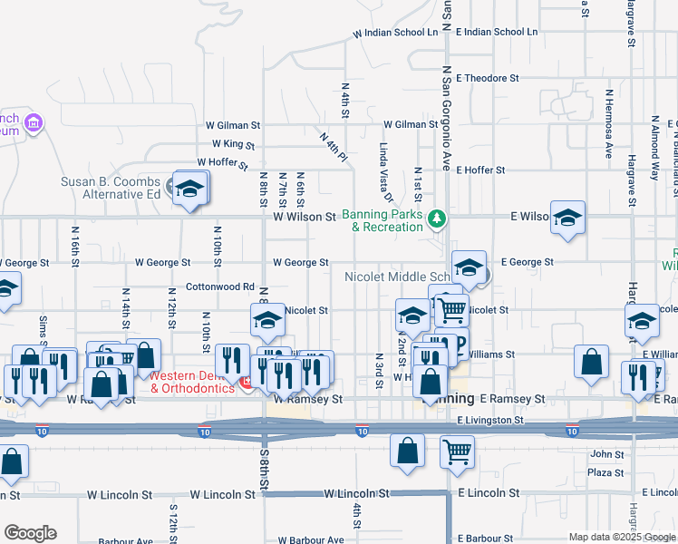 map of restaurants, bars, coffee shops, grocery stores, and more near 513 North 4th Street in Banning