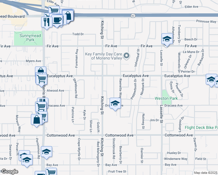 map of restaurants, bars, coffee shops, grocery stores, and more near 13131 Sweetspice Street in Moreno Valley