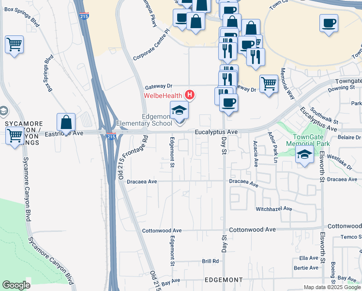 map of restaurants, bars, coffee shops, grocery stores, and more near 21835 Eucalyptus Avenue in Moreno Valley