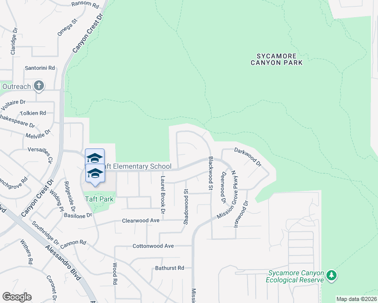 map of restaurants, bars, coffee shops, grocery stores, and more near 337 Leafwood Court in Riverside