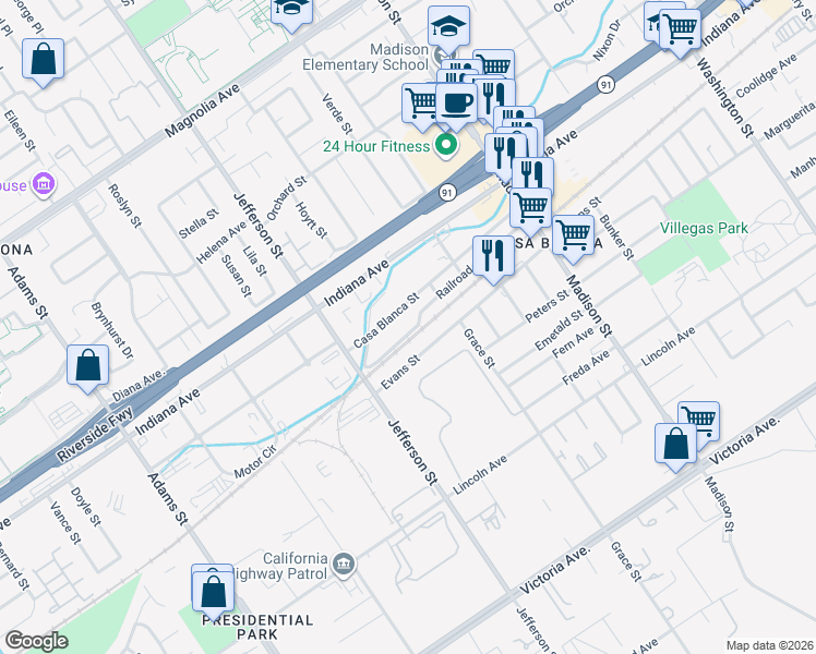 map of restaurants, bars, coffee shops, grocery stores, and more near 7771 Evans Street in Riverside