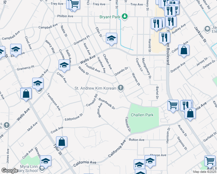 map of restaurants, bars, coffee shops, grocery stores, and more near 4986 Redrock Avenue in Riverside