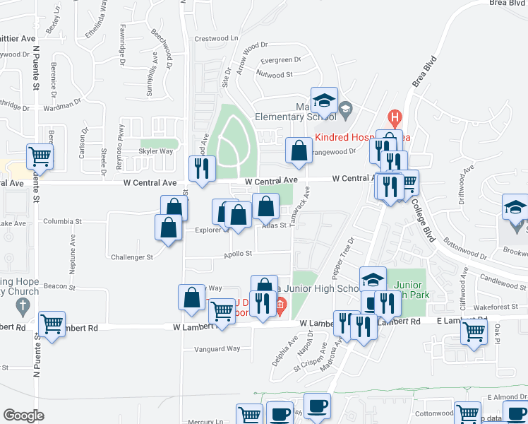 map of restaurants, bars, coffee shops, grocery stores, and more near 451 Atlas Street in Brea
