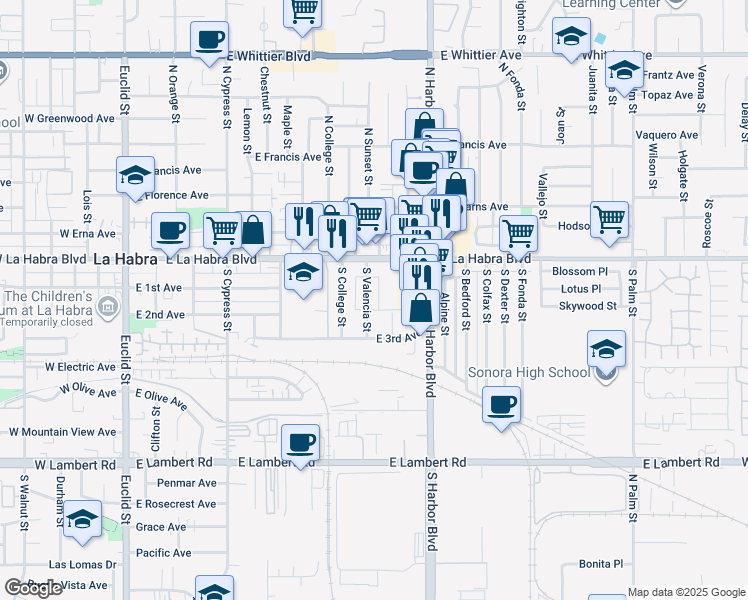 map of restaurants, bars, coffee shops, grocery stores, and more near 301 South Valencia Street in La Habra