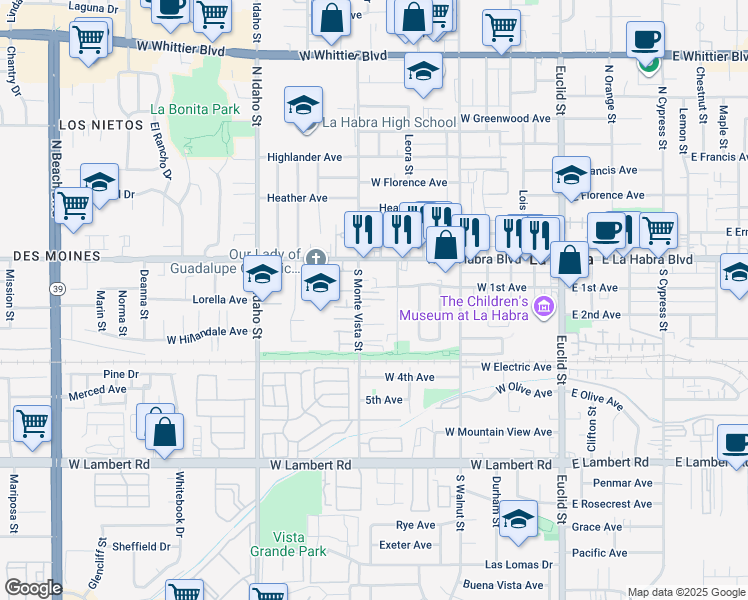 map of restaurants, bars, coffee shops, grocery stores, and more near 280 South Monte Vista Street in La Habra