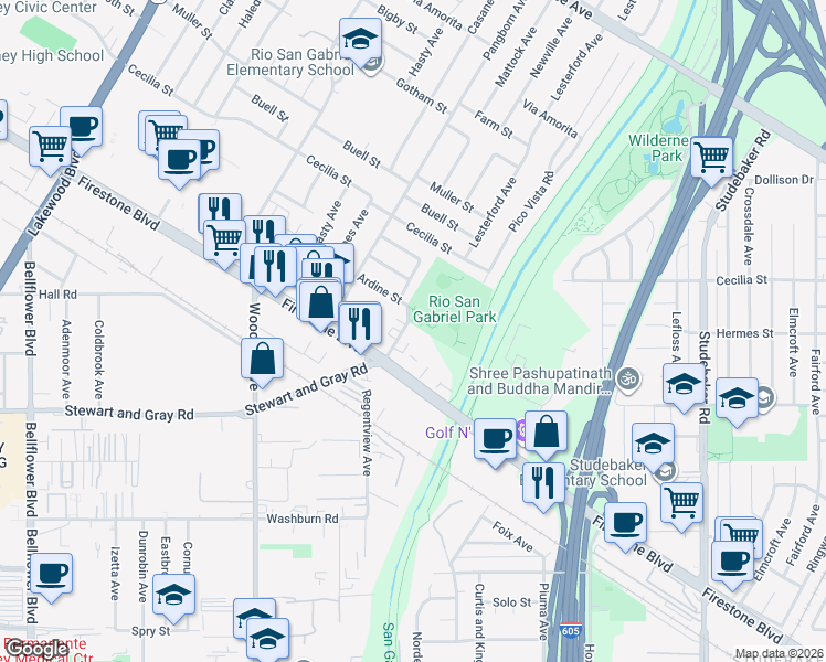 map of restaurants, bars, coffee shops, grocery stores, and more near 9655 Firestone Boulevard in Downey