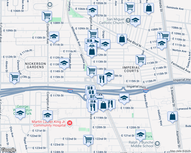 map of restaurants, bars, coffee shops, grocery stores, and more near 11508 Wilmington Avenue in Los Angeles