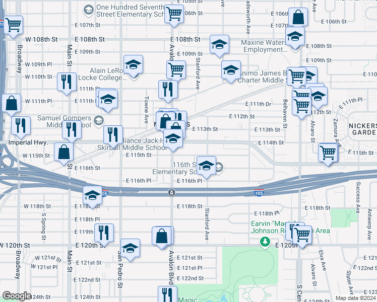 map of restaurants, bars, coffee shops, grocery stores, and more near 616 East 115th Street in Los Angeles