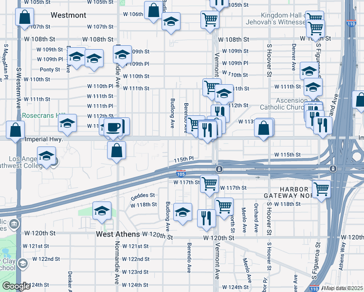 map of restaurants, bars, coffee shops, grocery stores, and more near 11426 Berendo Avenue in Los Angeles