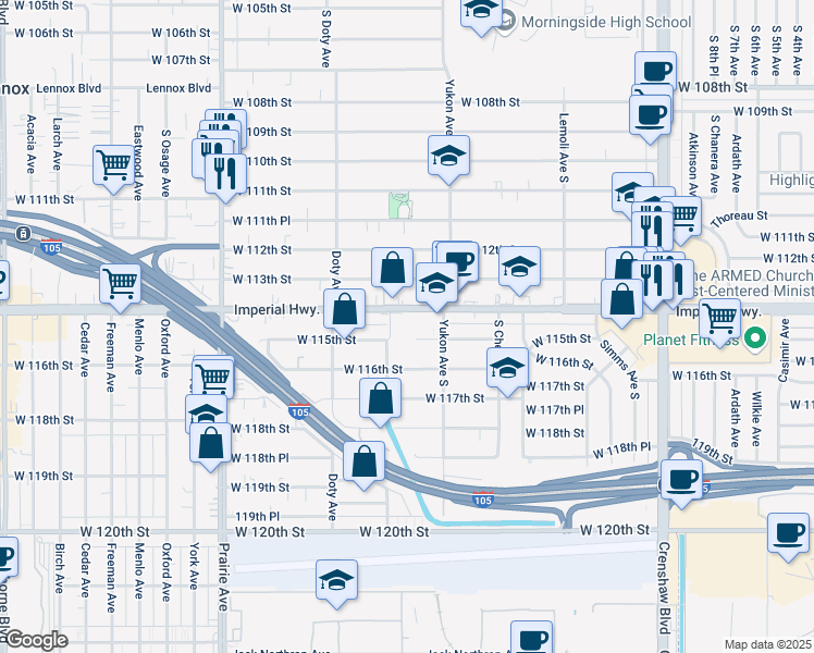 map of restaurants, bars, coffee shops, grocery stores, and more near 3636 West Imperial Highway in Inglewood