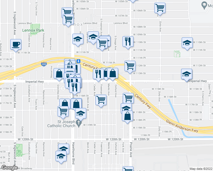 map of restaurants, bars, coffee shops, grocery stores, and more near 11446 Menlo Avenue in Hawthorne