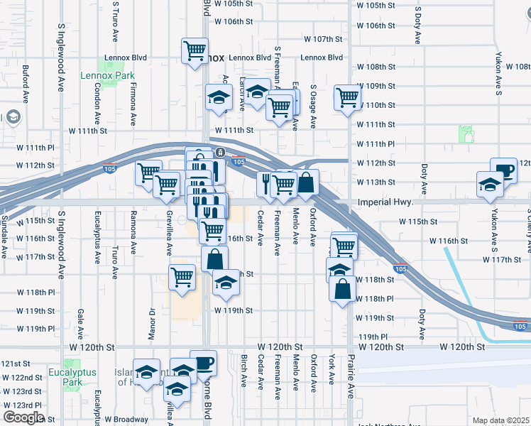 map of restaurants, bars, coffee shops, grocery stores, and more near 11447 Freeman Avenue in Hawthorne