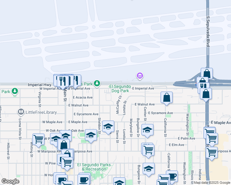 map of restaurants, bars, coffee shops, grocery stores, and more near 929 McCarthy Court in El Segundo