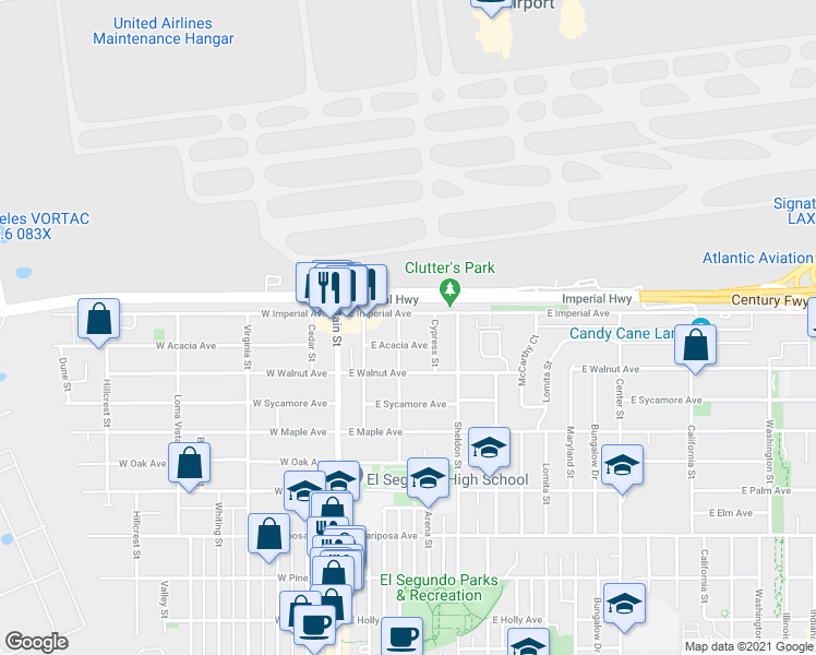 map of restaurants, bars, coffee shops, grocery stores, and more near 315 East Acacia Avenue in El Segundo