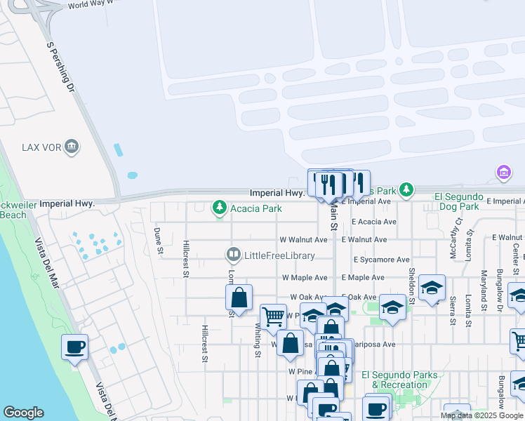 map of restaurants, bars, coffee shops, grocery stores, and more near 431 West Acacia Avenue in El Segundo