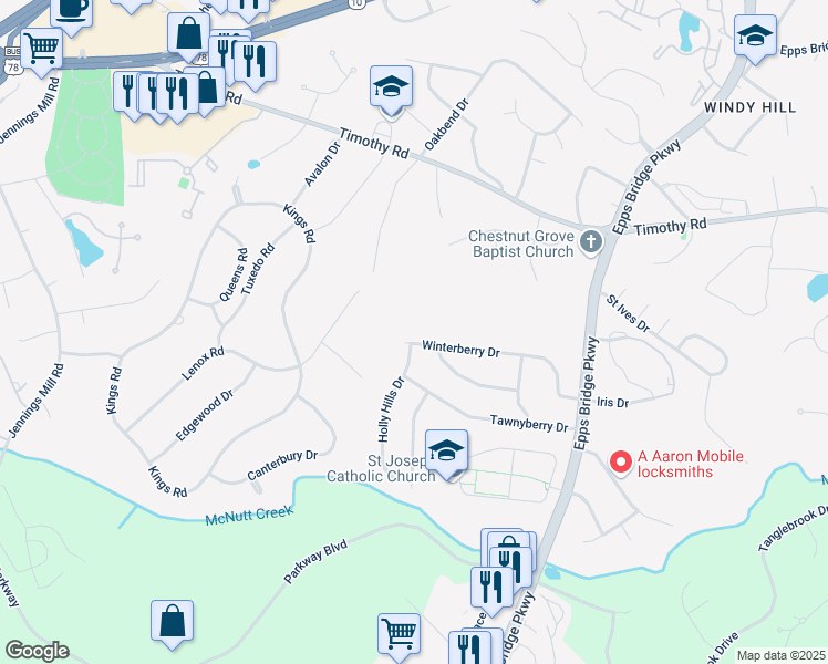 map of restaurants, bars, coffee shops, grocery stores, and more near 320 Winterberry Drive in Athens