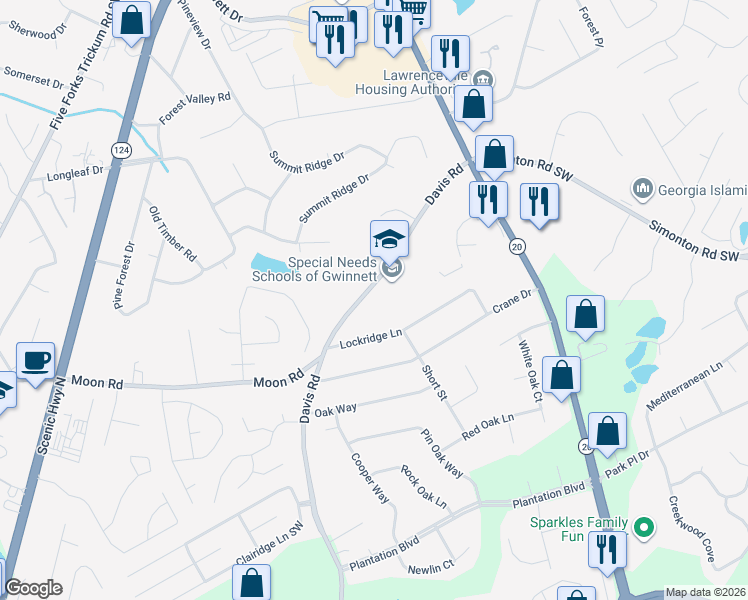 map of restaurants, bars, coffee shops, grocery stores, and more near 702 Davis Road in Lawrenceville