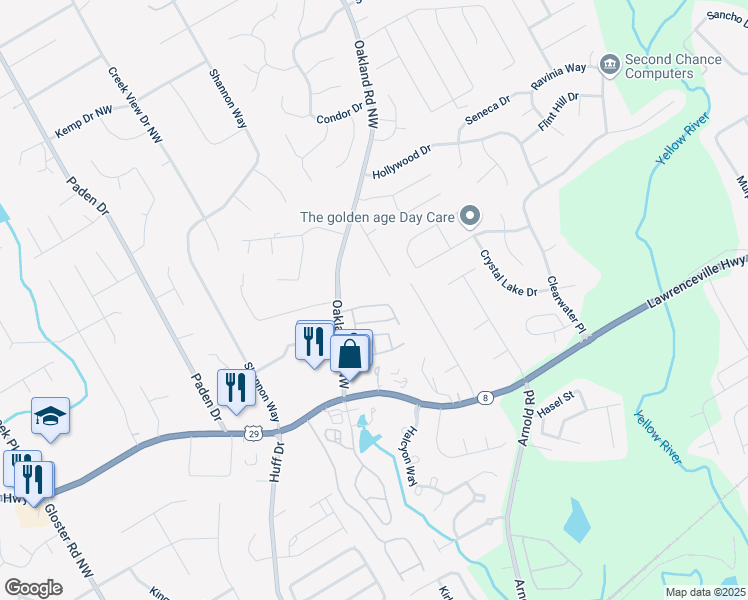 map of restaurants, bars, coffee shops, grocery stores, and more near 2271 Oakland Downs Way in Lawrenceville