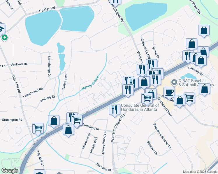 map of restaurants, bars, coffee shops, grocery stores, and more near 6800 Peachtree Industrial Boulevard in Dunwoody