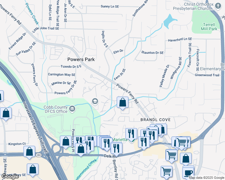 map of restaurants, bars, coffee shops, grocery stores, and more near 2618 Stoney Creek Road Southeast in Marietta