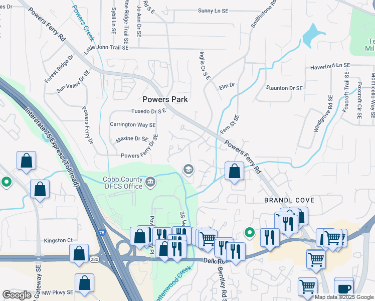 map of restaurants, bars, coffee shops, grocery stores, and more near 2228 Haverhill Court Southeast in Marietta