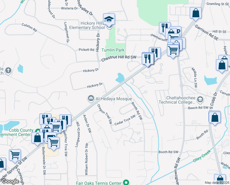 map of restaurants, bars, coffee shops, grocery stores, and more near 175 Booth Road Southwest in Marietta