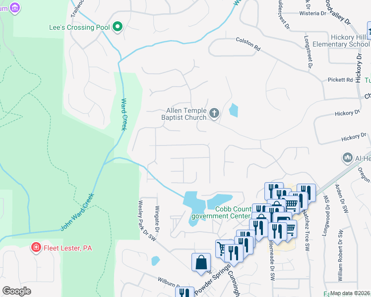 map of restaurants, bars, coffee shops, grocery stores, and more near 975 Denmeade Walk Southwest in Marietta