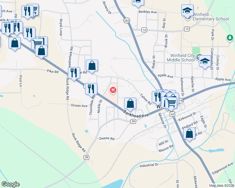 map of restaurants, bars, coffee shops, grocery stores, and more near 186 Medical Drive in Winfield