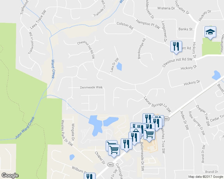 map of restaurants, bars, coffee shops, grocery stores, and more near 842 Laurel Crest Court Southwest in Marietta