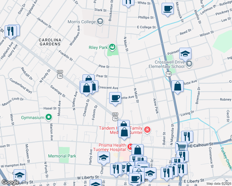 map of restaurants, bars, coffee shops, grocery stores, and more near 29 West Charlotte Avenue in Sumter