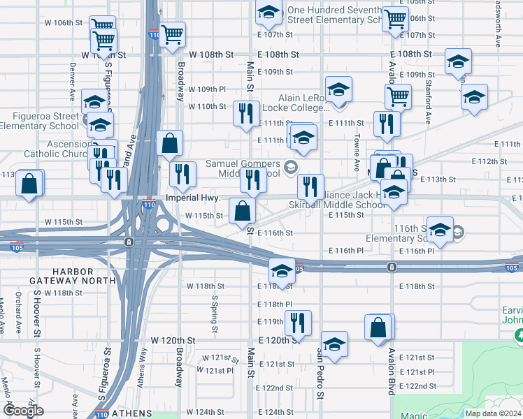 map of restaurants, bars, coffee shops, grocery stores, and more near 11415 Link Street in Los Angeles