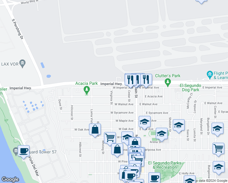 map of restaurants, bars, coffee shops, grocery stores, and more near 950 Virginia Street in El Segundo
