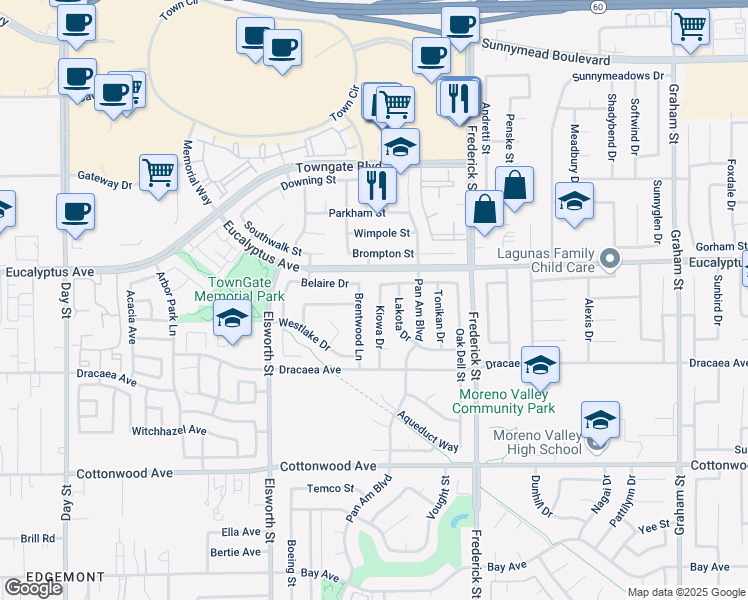 map of restaurants, bars, coffee shops, grocery stores, and more near 13071 Kiowa Drive in Moreno Valley