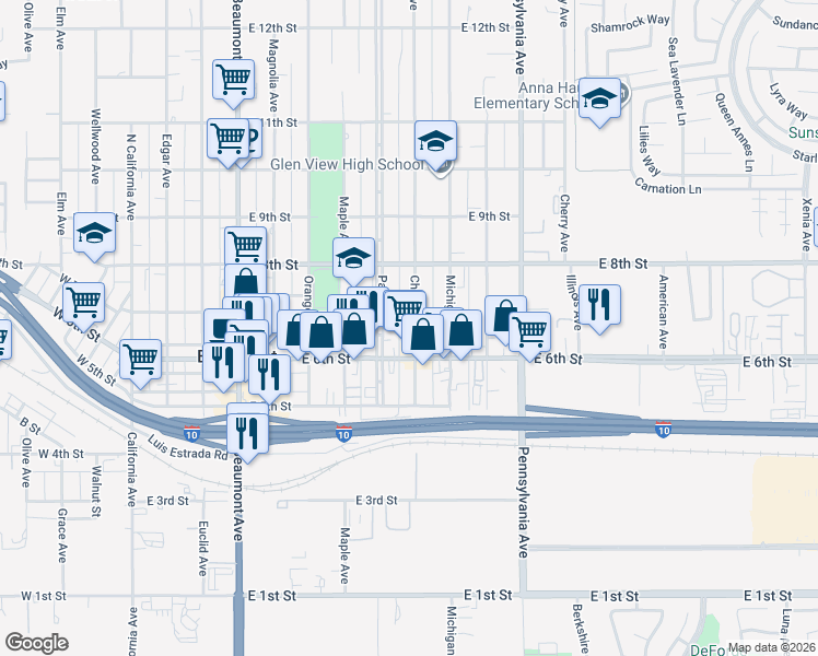 map of restaurants, bars, coffee shops, grocery stores, and more near 661 Chestnut Avenue in Beaumont