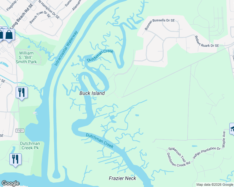 map of restaurants, bars, coffee shops, grocery stores, and more near 1026 Captain Adkins Drive in Southport