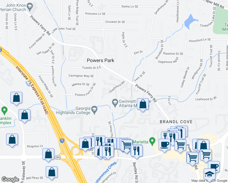 map of restaurants, bars, coffee shops, grocery stores, and more near 2228 Haverhill Court Southeast in Marietta