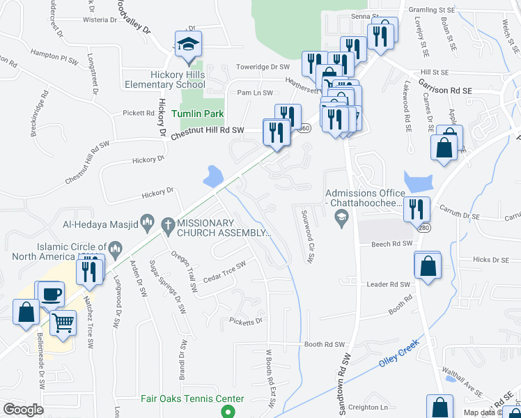 map of restaurants, bars, coffee shops, grocery stores, and more near 1064 Brownstone Drive Southwest in Marietta