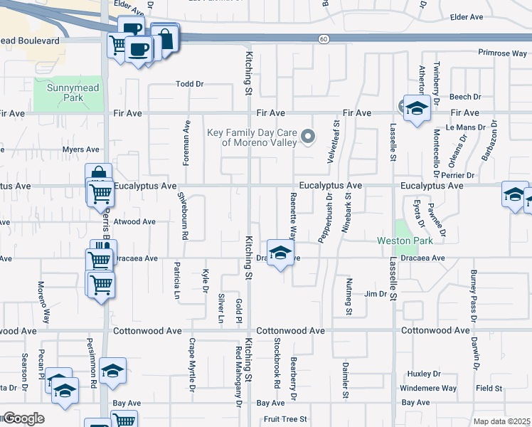 map of restaurants, bars, coffee shops, grocery stores, and more near 13131 Sweetspice Street in Moreno Valley